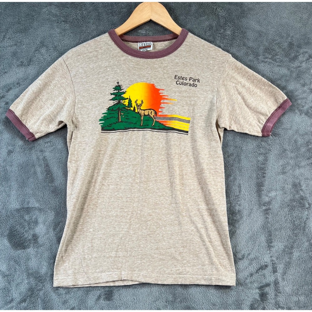 Vintage 80s Hanes Ringer T Shirt Estes Park CO Mens Medium 34x24 Single Stitch
